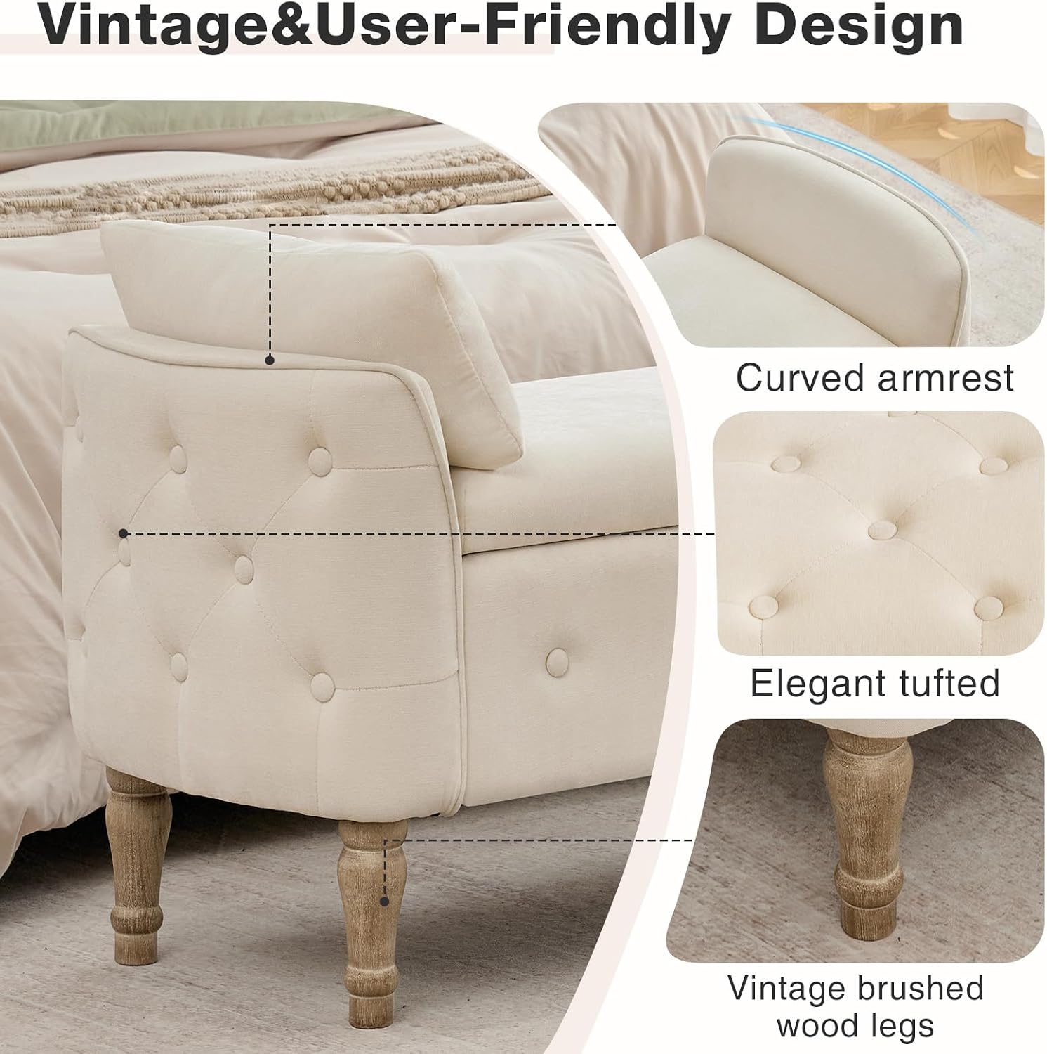67"End of Bed Storage Bench King Size,Upholstered Bedroom Bench,Beige | Linen Storage Bench for Bedroom End of Bed ,2 Cushion, Vintage Wood Legs ,Tufted,Storage Ottoman Bench for Entryway Window