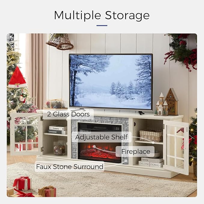 TV Stand with Electric Fireplace & Storage Cabinet, Entertainment Center with 2 Glass Door, Faux Stone Media Console Table for Living Room (White,70" with Fireplace)
