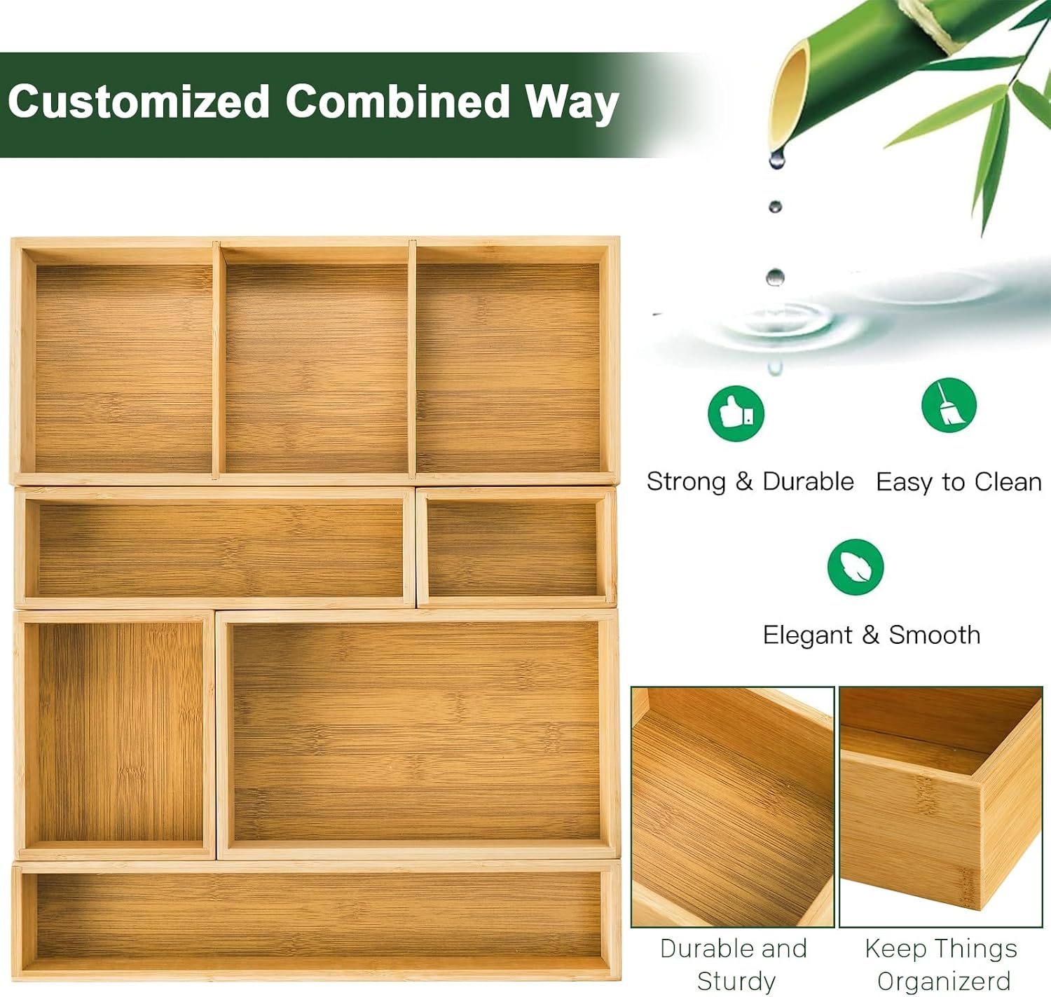 Youeon Set of 6 Bamboo Drawer Organizer Storage Box, Adjustable Cutlery Drawer Organizer, Silverware Organizer Multi-Use for Office, Home, Kitchen, Bedroom, Bathroom