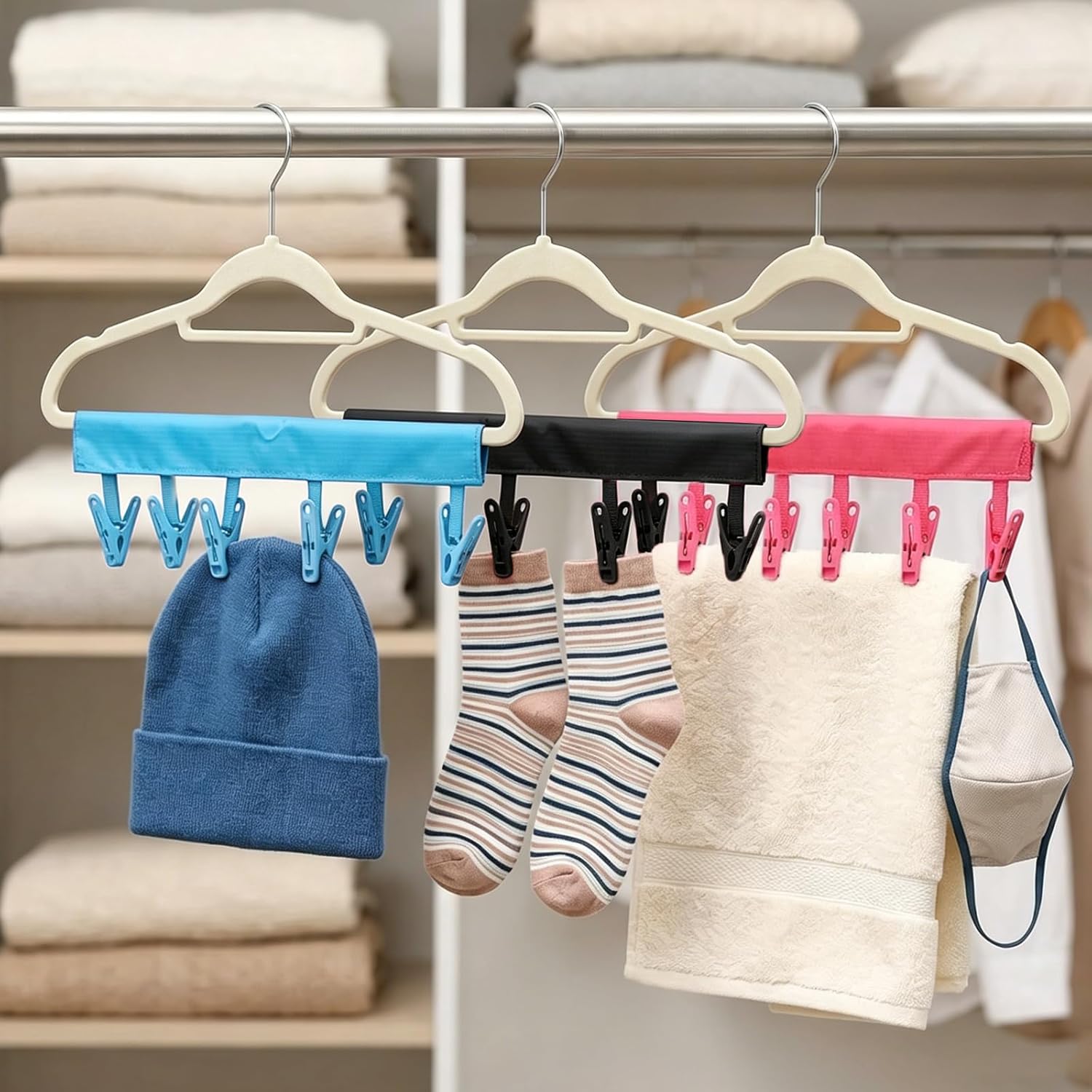 Mini Clothespins Travel Hangers 3-Pack: Foldable Portable Clothes Hangers w/ 6 Clips for Swimsuit, Towel & Sock Drying Rack - Cruise, Dorms, Travel (Black, Blue, Red)