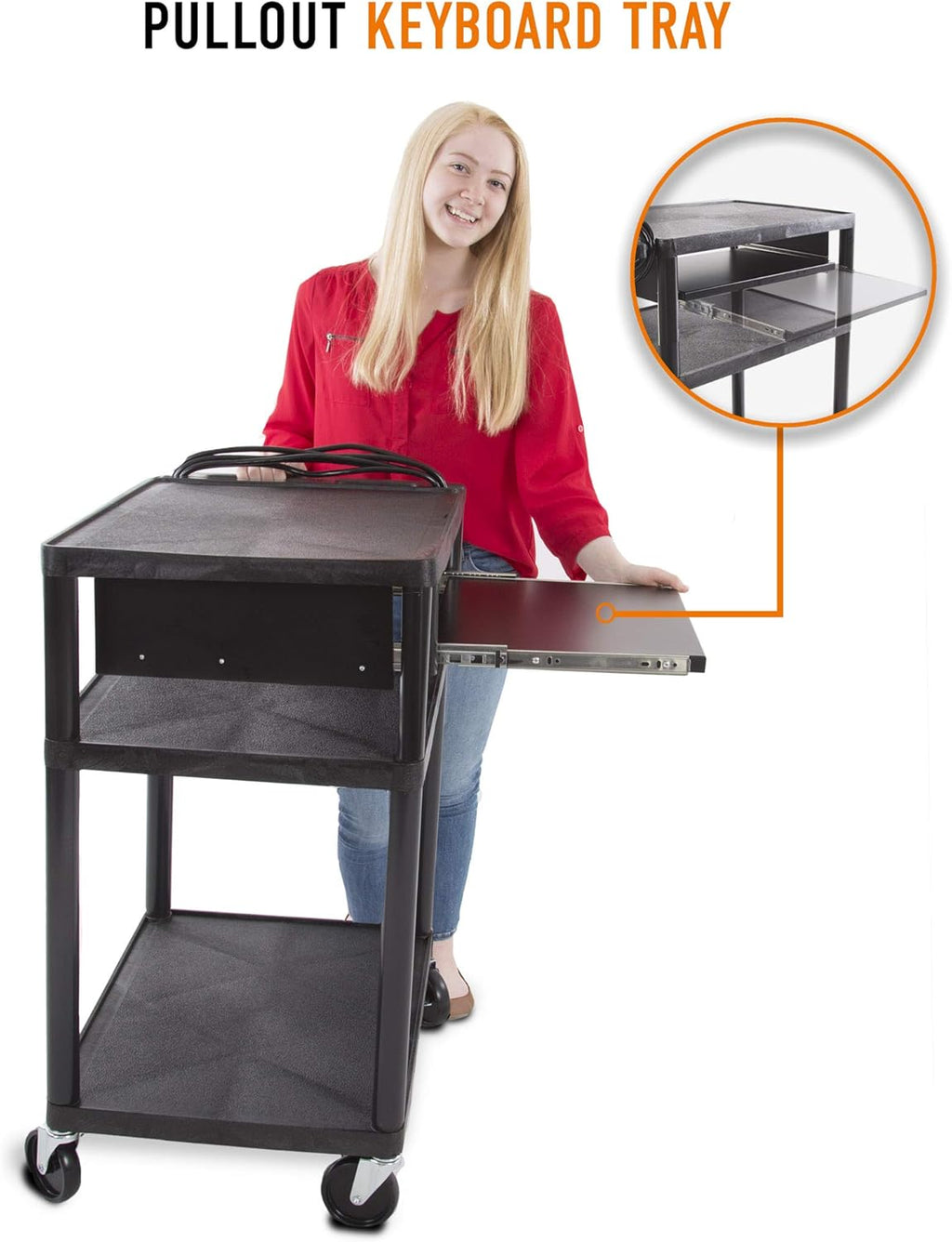 Line Leader Plastic AV Cart with Keyboard Tray, Mobile Workstation with Storage For Offices and Schools, Rolling with 4 Casters, 2 Locking Brakes, Heavy Duty, Holds up to 100 lbs (Black, 24 x 18 x 34)