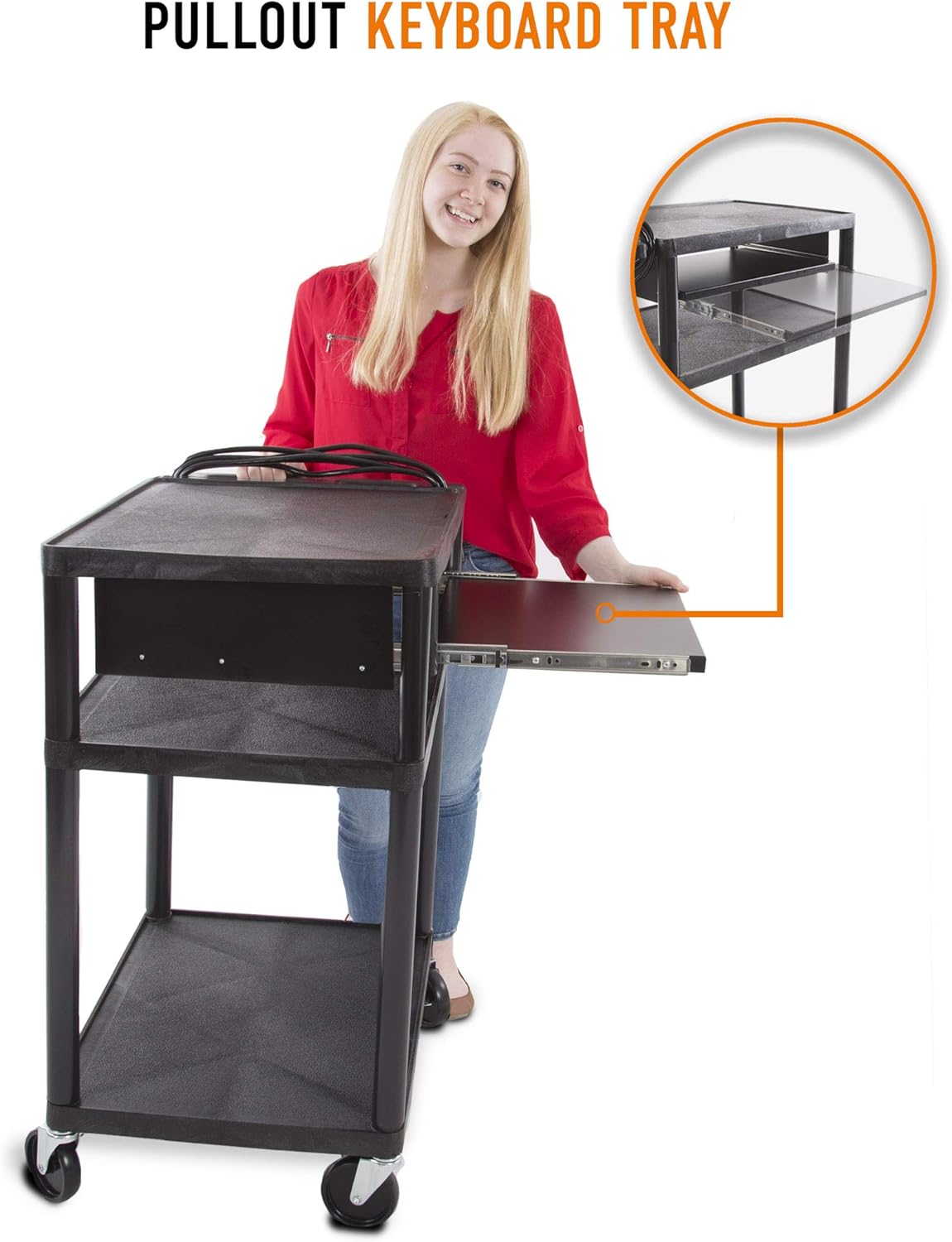 Line Leader Plastic AV Cart with Keyboard Tray, Mobile Workstation with Storage For Offices and Schools, Rolling with 4 Casters, 2 Locking Brakes, Heavy Duty, Holds up to 100 lbs (Black, 24 x 18 x 34)