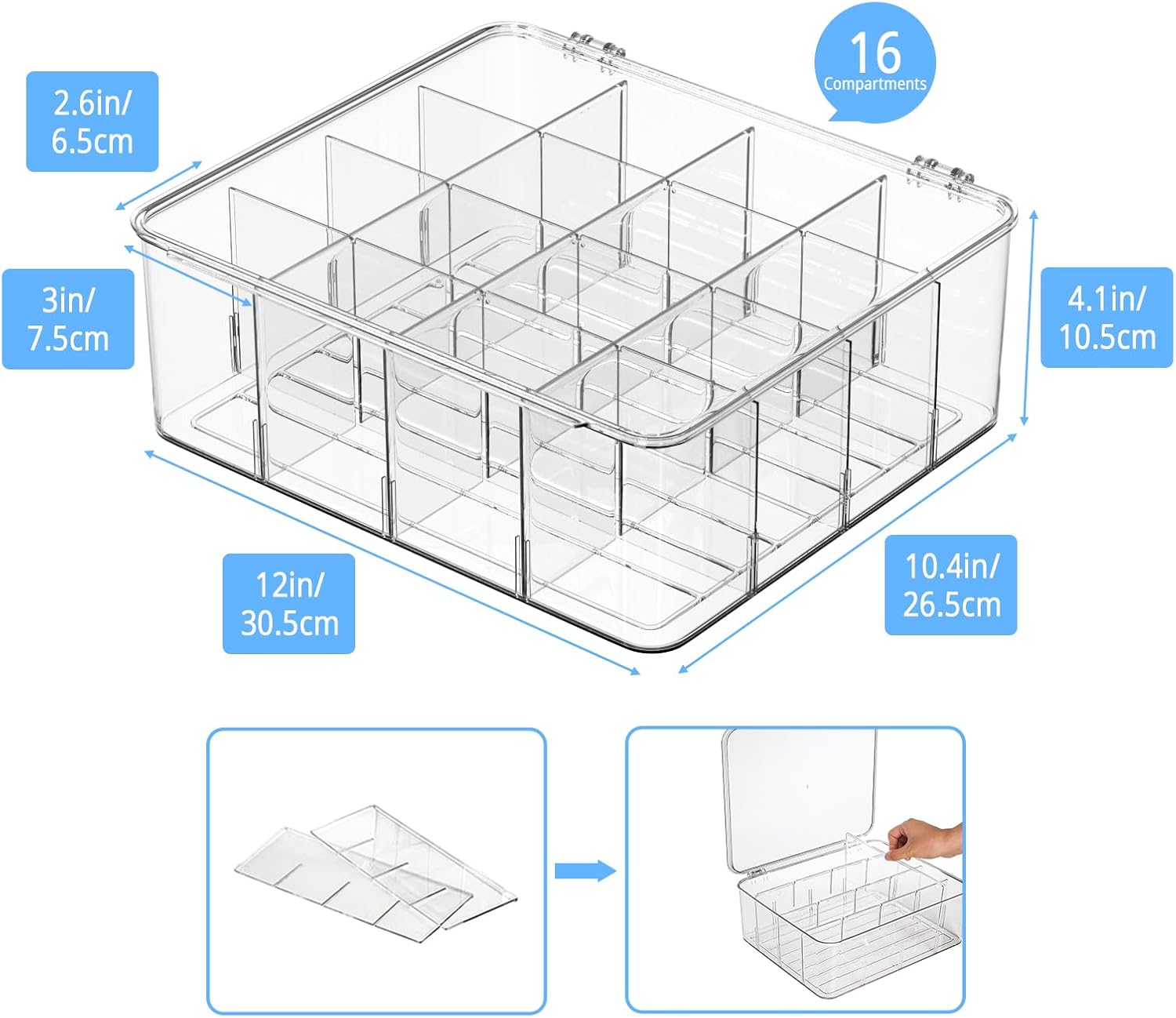 Tea Bags Organizer with Lids - Acrylic Tea Packet Organizer for Countertop Pantry, Stackable Clear Storage Box - Large