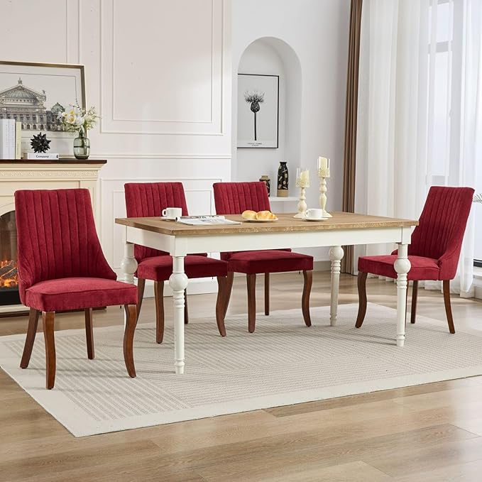 Dining Chairs Set of 6,Comfy Fabric Upholstered Accent Chairs for Kitchen Living Room,Channel Tufted Dining Room Chairs with Curved Solid Wood Legs(Wine Red)