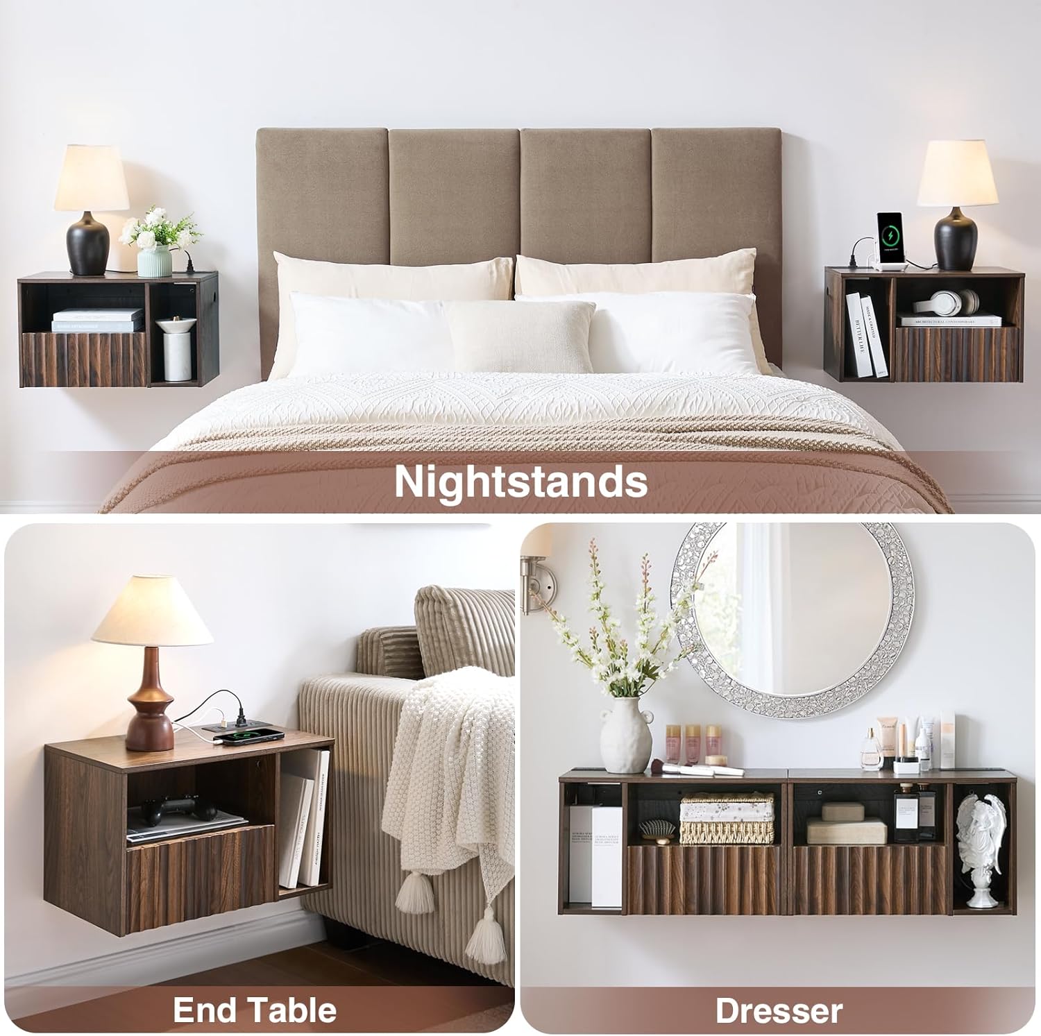 Modern Walnut Fluted Floating Nightstand with Charging Station, NightStand with Drawers, Bedside with USB Ports and Outlets, Bedroom Furniture (Right)