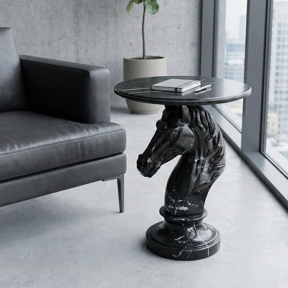 Horse Head Side Table, Faux Marble Round End Table with Resin Sculpture Pedes...