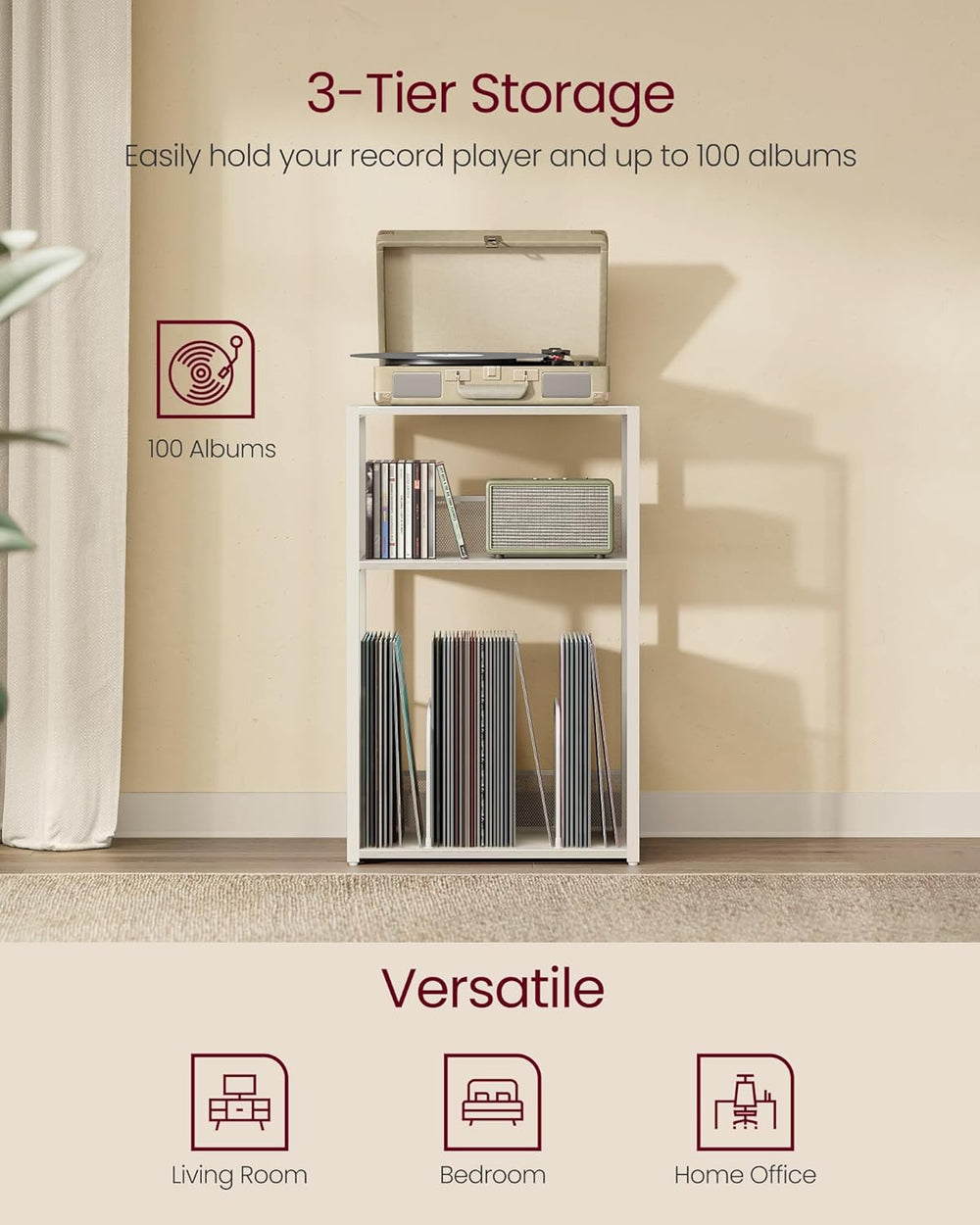 VASAGLE Record Player Stand, 3-Tier Side Table, Vinyl Record Storage up to 10...