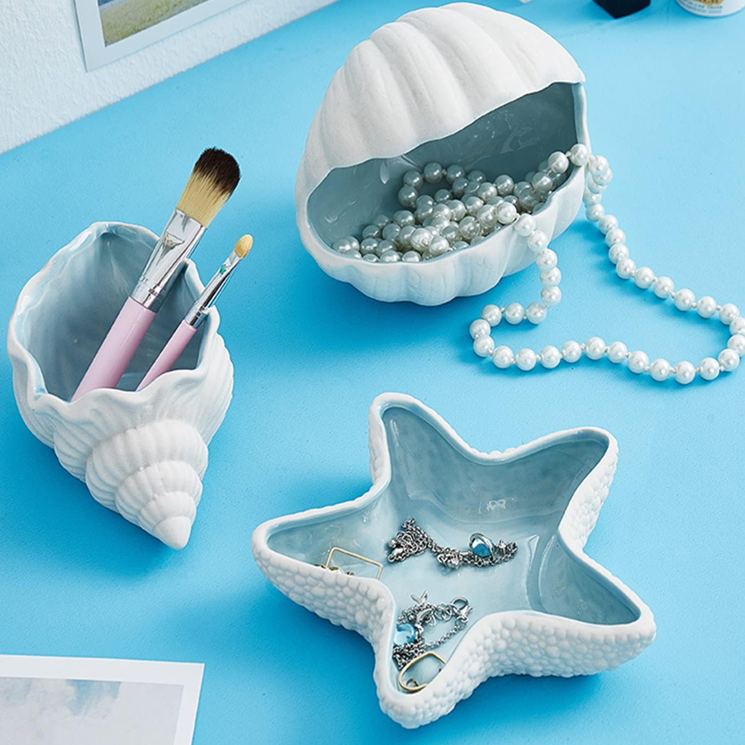 7.7" x 4.7" x 3.5" Large Conch Jewelry Dish Tray SeaConch Bowl Ceramic Conch Ring Holder Decorative Trays Cute Jewelry Organize Key Storage Tray for Home Decor Porcelain Jewelry Deco