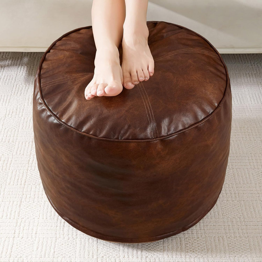 HIGOGOGO Round Stuffed Pouf Ottoman, Pu Leather Poufs with Foam Chunk Filling...