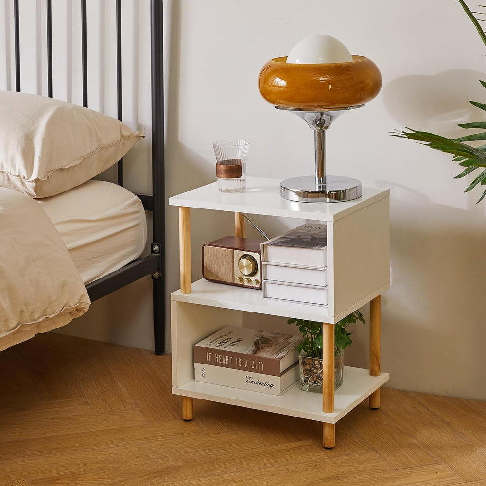 Aibiju White Night Stand with Open Storage Shelf, Wood Nightstand S Shape, Be...