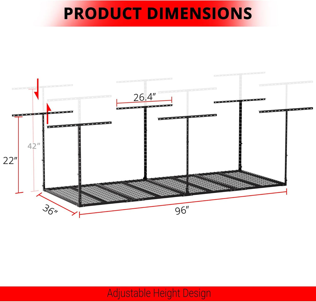 YOHKOH 3x8 Ft Overhead Garage Storage Rack, Ceiling Storage & Hanging Rack for Garage, Adjustable Heavy-Duty Metal, 600lbs, Black