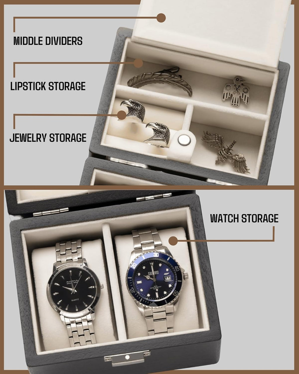 Watch Box, Watch Travel Case for Men, Wood Watch and Jewelry Holder Organizer for Woman, Portable Protection 2-Slot Watch Display Storage Case, Obsidian Black