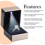 Novel Box Square Shaped Gold Ring Box With LED Light 2.25X2X2.5 Inches - Jewelry Ring Case Best for Jewelry Displays - Gift Boxes for Mother's Day, Engagement, Anniversary & more Happy Occasions