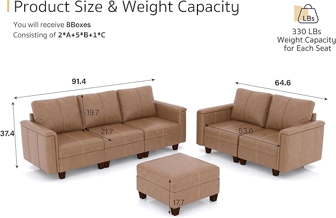 SITJOY Faux Leather Modular Sectional Sofa with Storage, Mid Century Modern Sectional Couches for Living Room, Soft Padded Armrests, 6 Seat Couch and Loveseat Sets with Ottoman, Brown