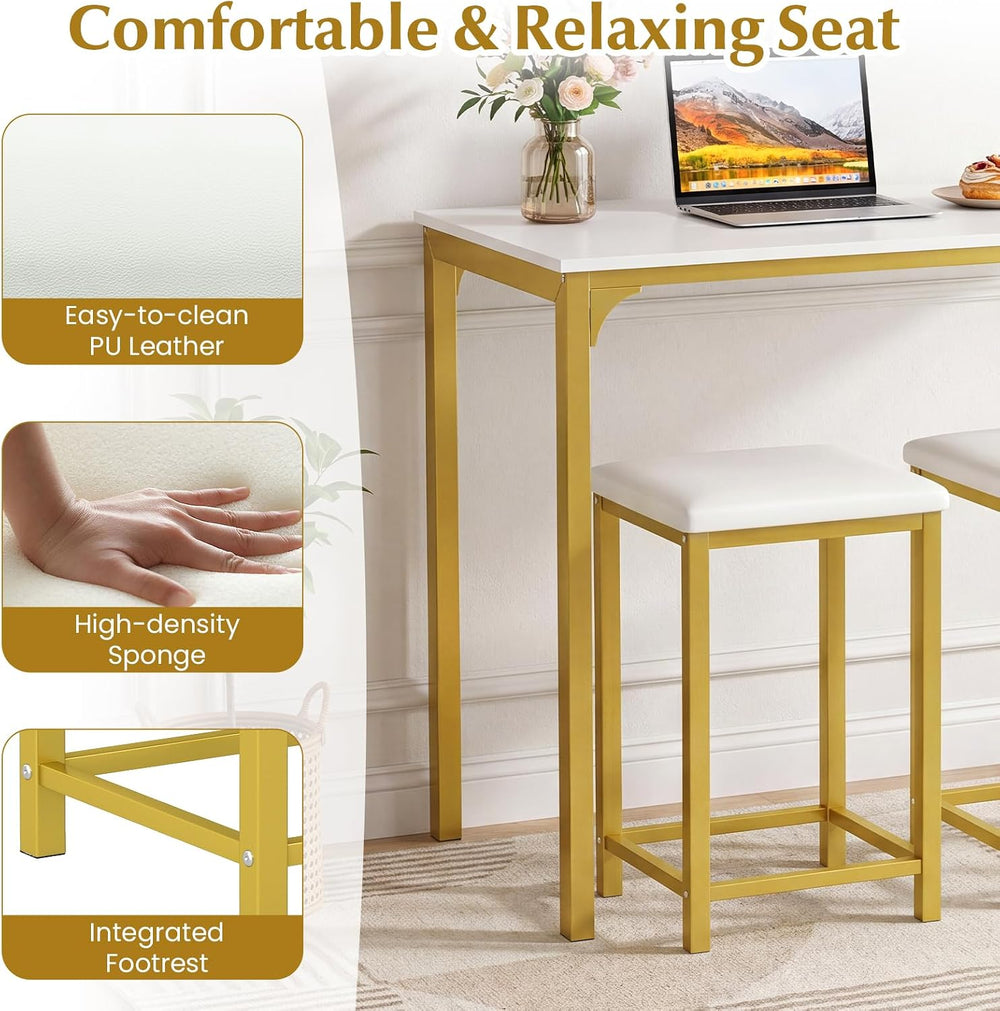 GIANTEX 3-Piece Dining Table Set for 2, Upholstered Stools (White+Gold) | Cou...