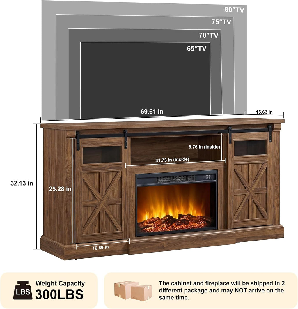 Fireplace TV Stand for up to 80 Inch TVs, 32’’ Tall LED Entertainment Center with Electric Fireplace, Farmhouse TV Console Table w/Sliding Barn Door & Window for Living Room, Brown
