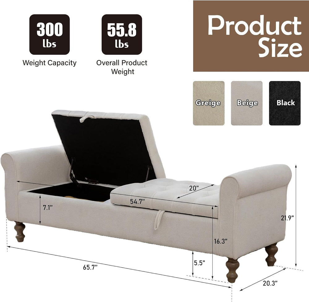 66" End of Bed Storage Bench King Size Beige,Napped Fabric Window Bench ...