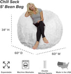 Chill Sack Bean Bag Chair - 5' Giant Memory Foam Lounge Chair with Soft Microfiber Cover – Cozy Furniture for Living Room, Dorm, & Kids' Rooms – Comfortable 5 Ft, Faux Long Fur Lounge Sofa, White