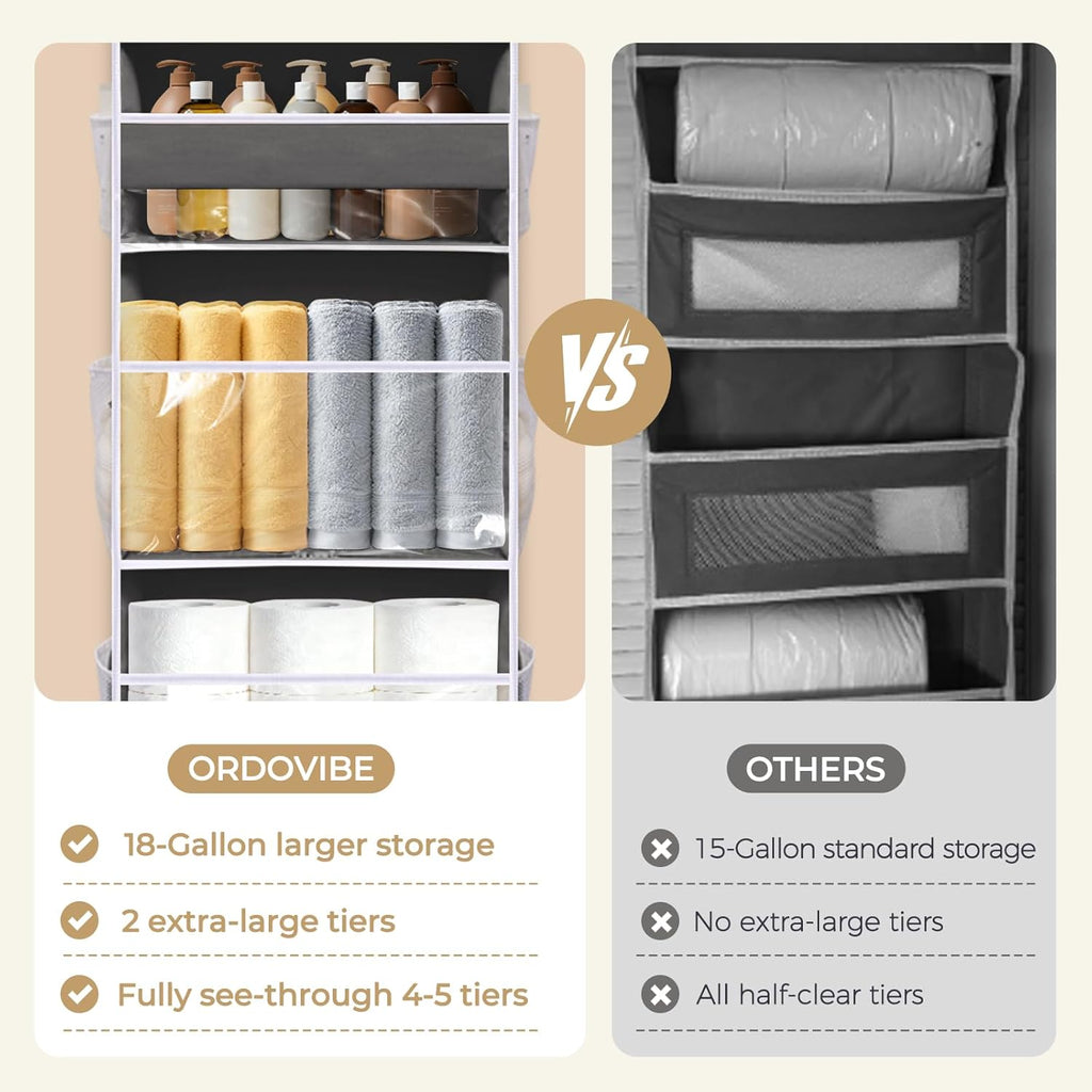 5 Tiers Over Door Organizer with 10 Mesh Side Pockets, 50 lbs Weight Capacity Hanging Storage Organizer with Clear Window Kids Toys, Shoes, Diapers, Dark Gray