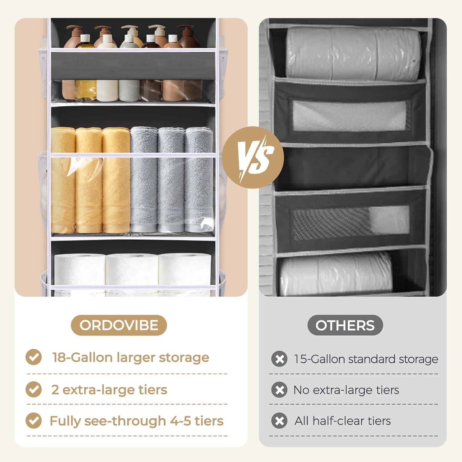 5 Tiers Over Door Organizer with 10 Mesh Side Pockets, 50 lbs Weight Capacity Hanging Storage Organizer with Clear Window Kids Toys, Shoes, Diapers, Light Gray