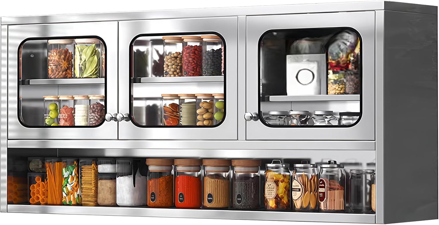 ZZV 59” Kitchen Wall Cabinet, Stainless Steel Wall Mounted Cabinet with Adjustable Shelves, Industrial Wall Storage Cabinet for Garage, Warehouse, No Assembly Required, 11.82D x 59.06W x 27.56H in