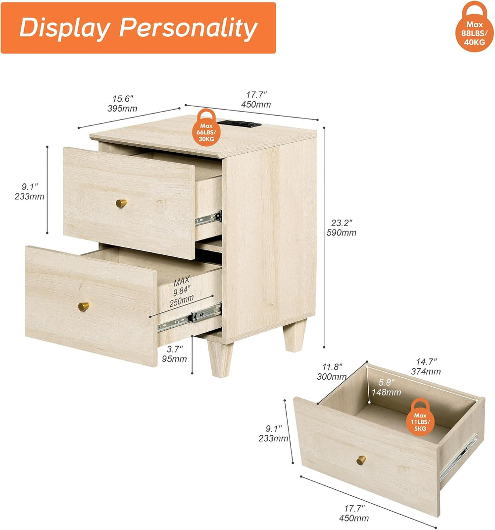 WAMPAT Nightstands with Charging Station&2 Sliding Storage Drawers, Moder...