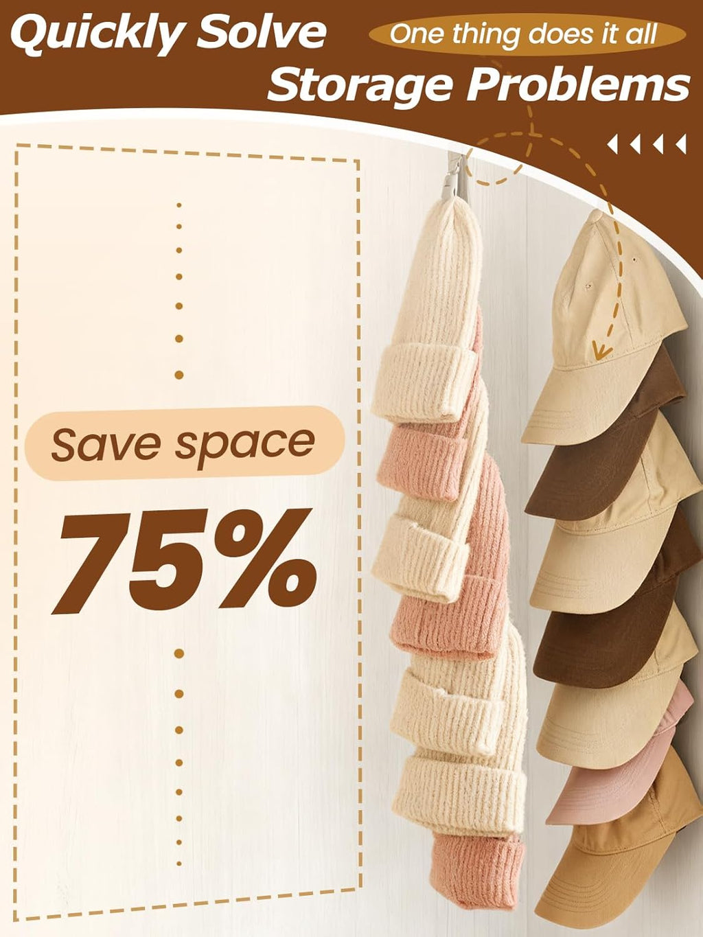 Over the Door Hat Rack - 8 Rotatable Clips Cap Organizer, Foldable Hanging Storage Holds Up to 8 Hats, Space-Saving for Baseball Caps, Closet, Bedroom, Door (Khaki,2-Pack)