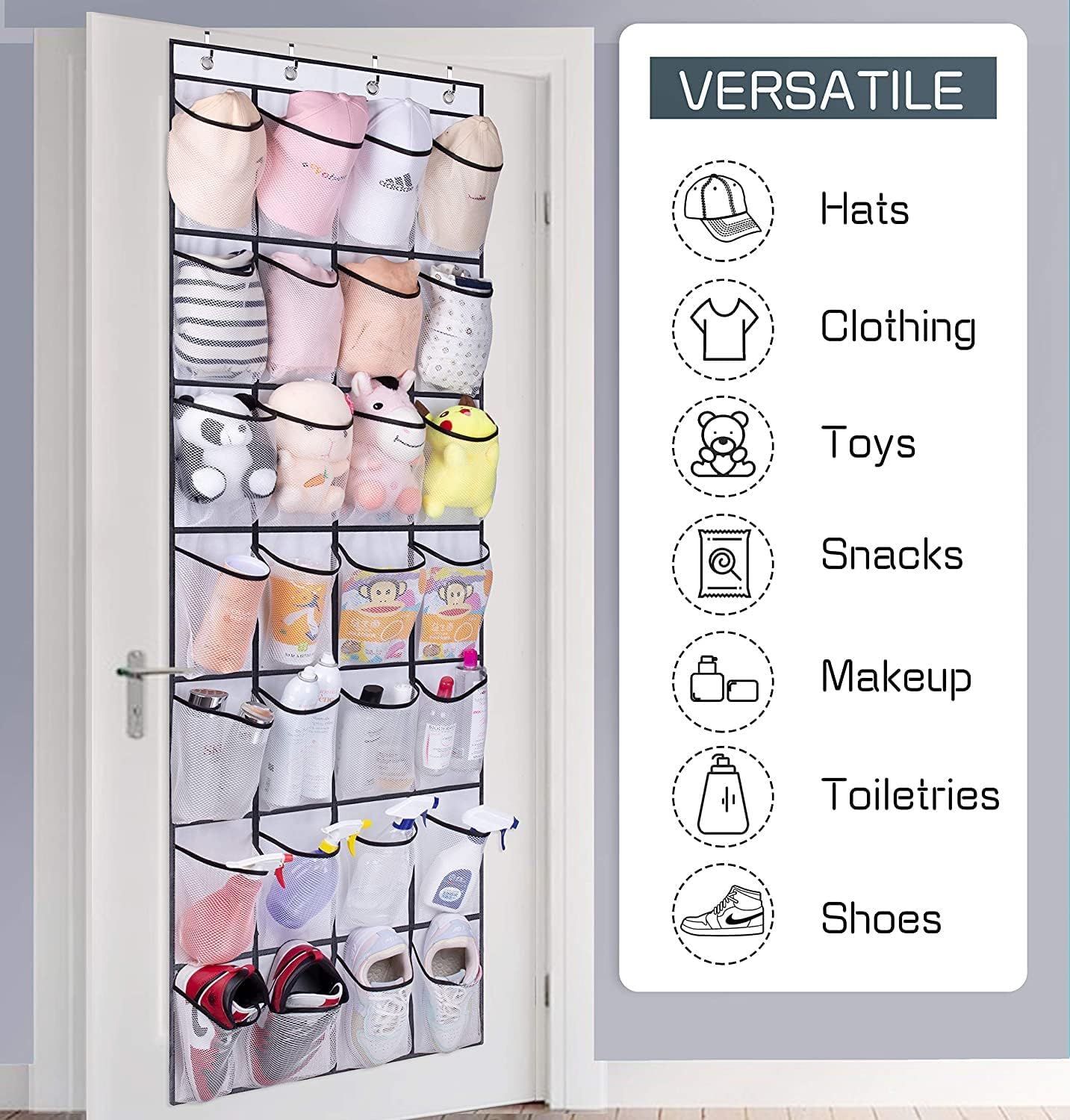 28 Large Pockets Over The Door Shoe Organizer, Hanging Shoe Organizer for Closet, Premium Clear Shoe Rack for Door, Shoes Hanger Organizers Storage Holder for Back of Door and 4 Metal Hook White