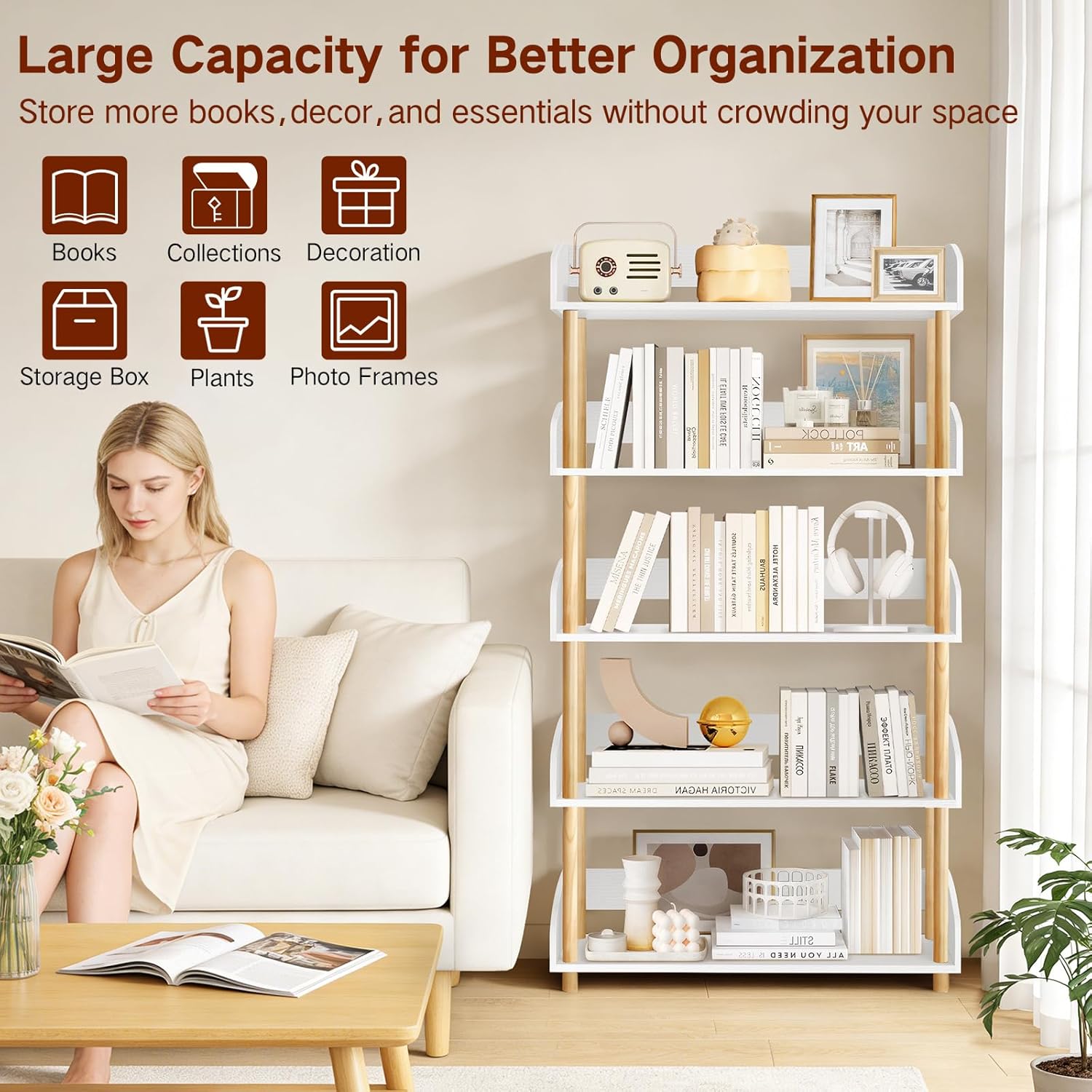 5-Tier Wooden Bookshelf, Modern Open Bookcase with Solid Wood Frame and Top Edge, Sturdy Freestanding Storage Organizer for Living Room, Bedroom, Home Office (White)