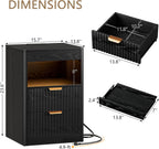 REAHOME Fluted Nightstand Set of 2 with Charging Station, Modern LED Night Stand with 2 Drawers and Pull Out Tray, Wood Bedside Table, End Side Table with Open Shelf for Bedroom,Black