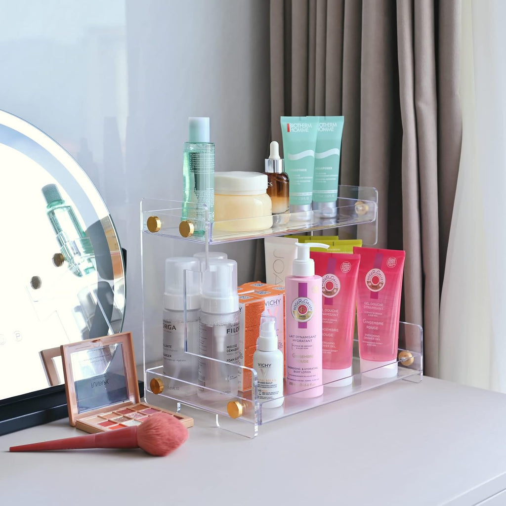 FFK Bathroom Organizer Countertop 2-Tier Storage：Bathroom Counter Organizer Acrylic Standing Holder Cosmetic Storage Perfume Shelf for Bathroom Bedroom Dressing Table1