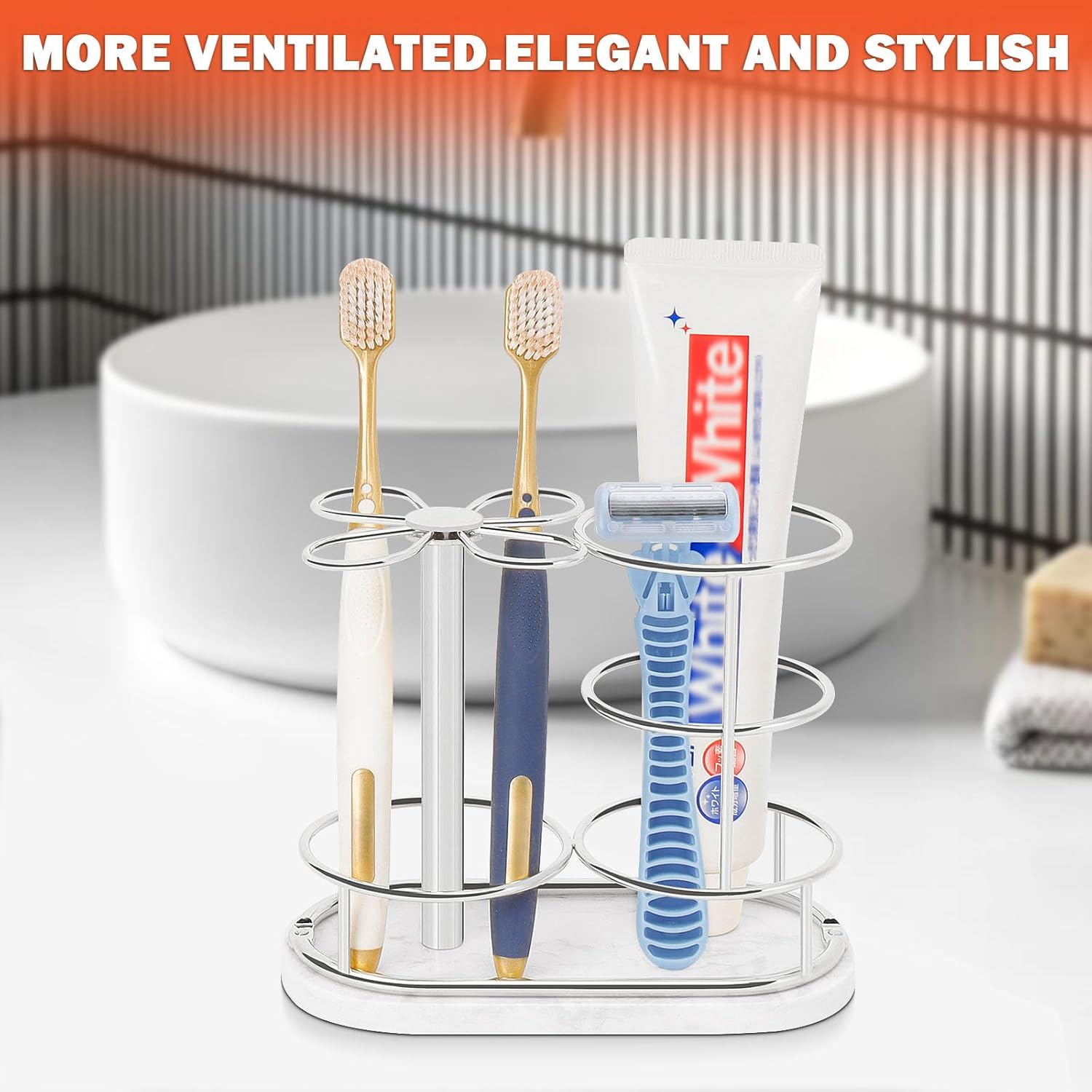 HarJue Toothbrush Holder Stand for Bathroom, Metal Toothbrush Organizer with Marble Base, Toothbrush Storage Collection for Family, Suitable for Home Hotel Countertop Vanity (Medium, Chrome Finish)