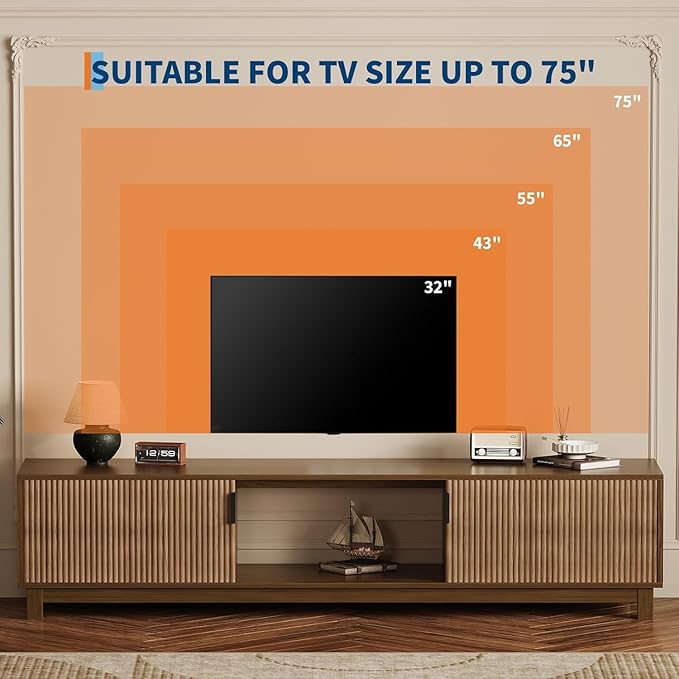 70" Fluted TV Stand for TVs up to 75 inch, Mid Century Modern Entertainment Center with 2 Hinged Doors & Open Shelves, Boho Media Console with Adjustable Shelves for Living Room, Walnut