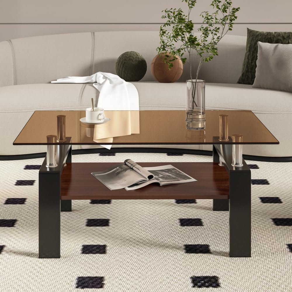 Rectangle Coffee Table, Tempered Glass Tabletop with MDF Layer, Modern Table ...