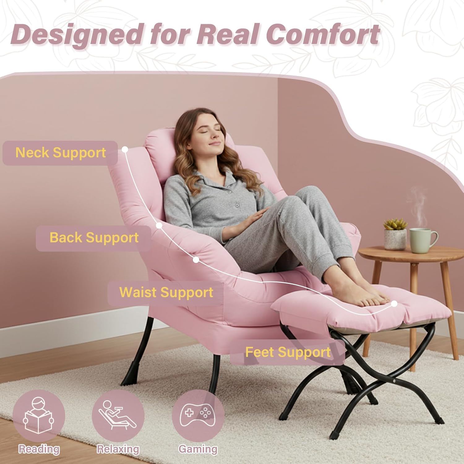 Lazy Chair with Ottoman,Comfy Accent Living Room Chair with Footrest Set | Removable & Machine-washable Cover,Reading Chair with Armrests,Upholstered Lounge Chair for Bedroom,Dorm,Office,Small Space