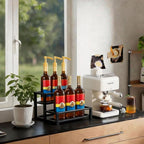 Expandable Metal Coffee Syrup Organizer Stand | Heavy Duty Metal, Holds 6-12 Bottles, Adjustable Width, for Coffee Bar, Countertop Storage, Home Kitchen Organizer
