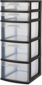 5-Tier Storage Drawer,with Both Shallow and Deep Clear Plastic Storage Organizer Drawer Tower，Suitable for Bedroom,Bathroom and Office Organization Black