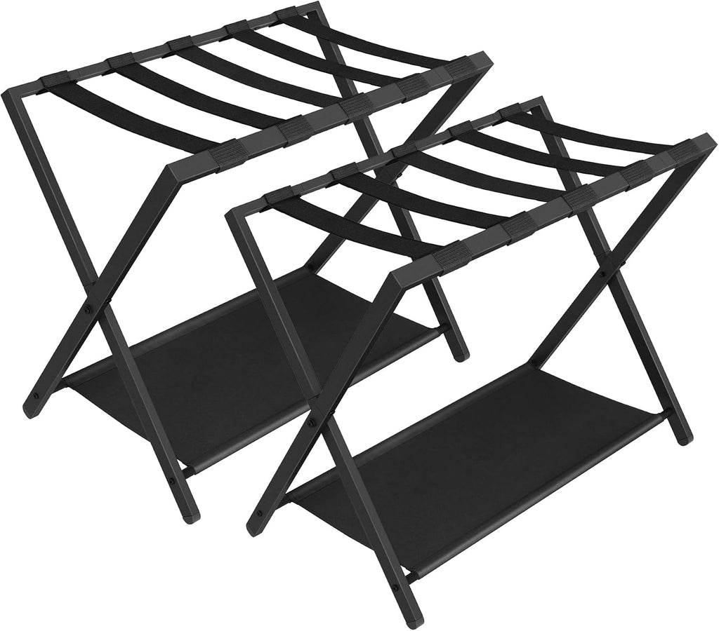 Hzuaneri Luggage Rack, Folding Suitcase Stand for Guest, Foldable, Luggage Holders with Shelf, Steel Frame with Nylon Straps for Bedroom, Hotel, Holds up to 154 lb, Black, 2 Pack LR03901B