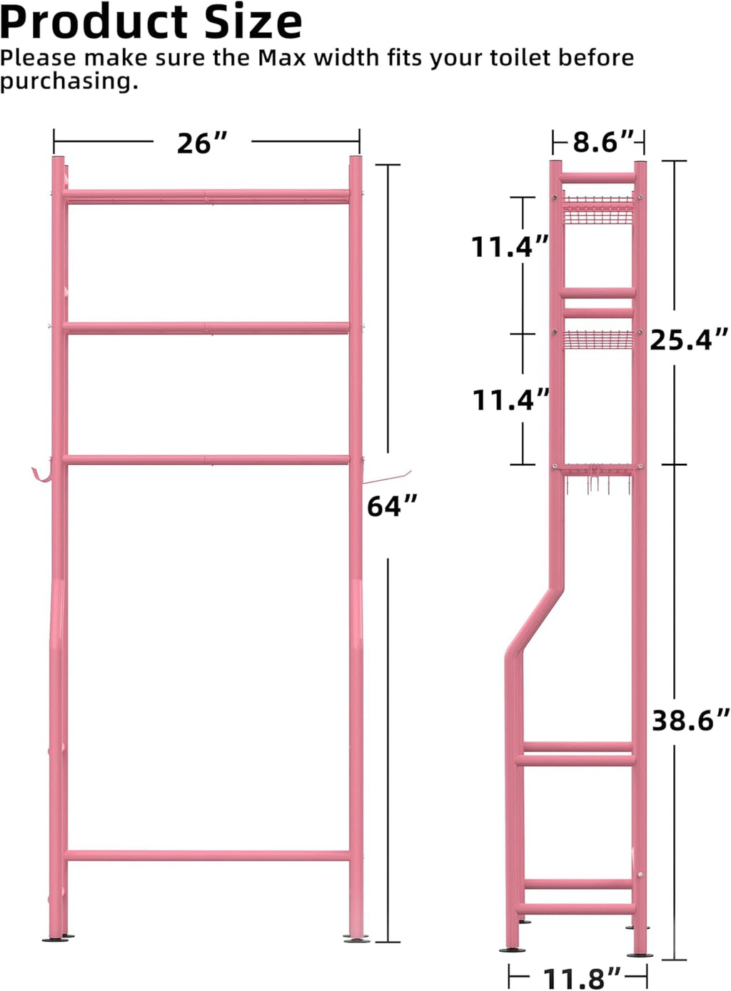 3-Tier Over The Toilet Storage, Freestanding Metal Bathroom Shelves with 4 Hooks, Over Toilet Storage Shelf with Paper Holder, Above The Toilet Shelf for Bathroom Storage, Pink