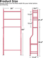 3-Tier Over The Toilet Storage, Freestanding Metal Bathroom Shelves with 4 Hooks, Over Toilet Storage Shelf with Paper Holder, Above The Toilet Shelf for Bathroom Storage, Pink
