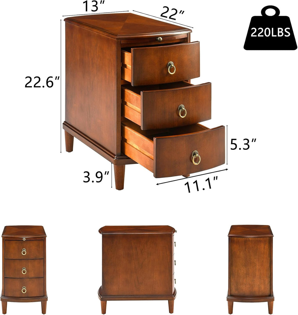 Solid Wood End Table with 3 Drawers, Cherry Red American Style Beside Table w...