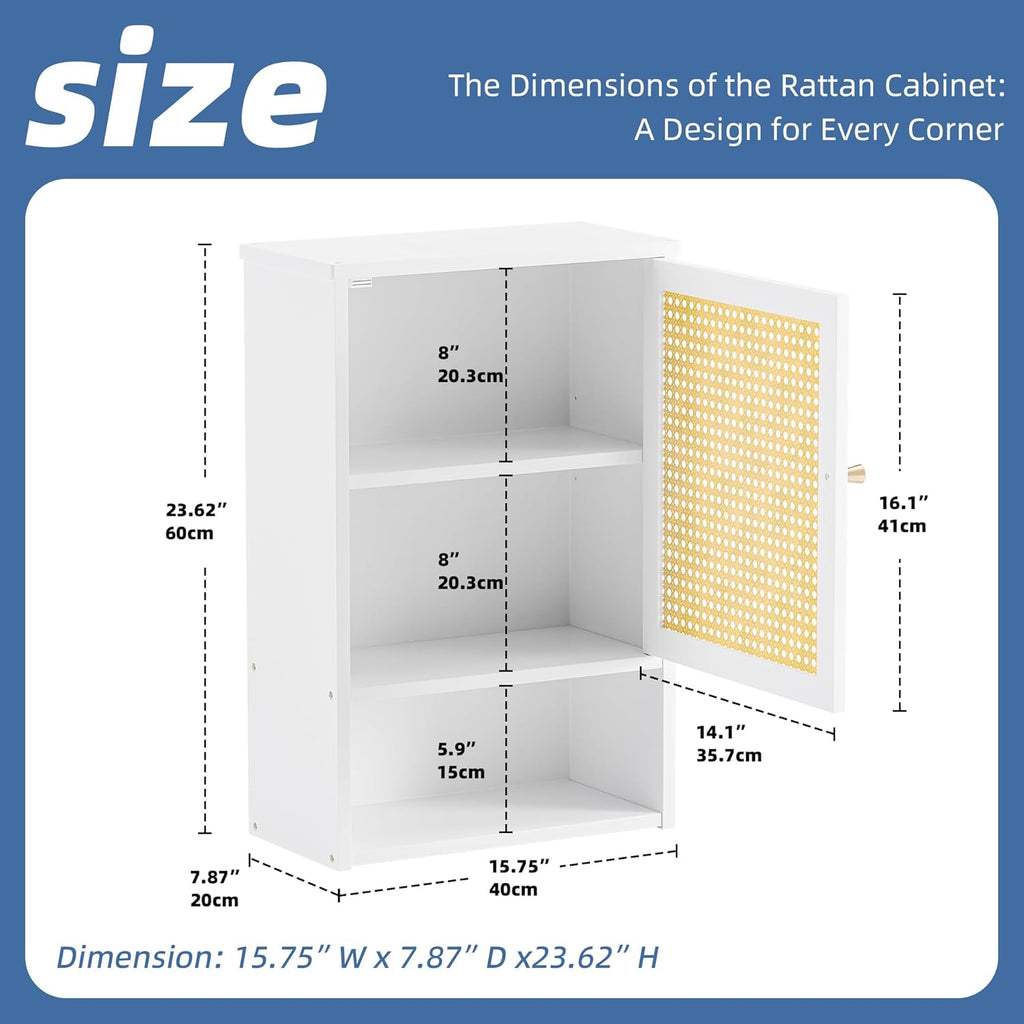 HITNET Medicine Cabinet, Rattan Bathroom Wall Cabinet Over Toilet, Bamboo Space Saver Storage Organizer with Door and Shelf for Living Room, Kitchen, Entryway, White