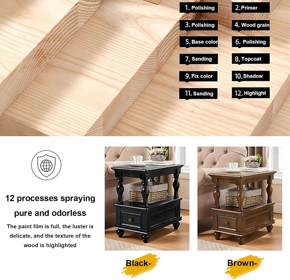Narrow End Table with Drawer and Storage Shelf Solid Wood Slim Rectangular So...