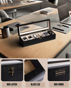 Watch Box, Watch Case for Men Women with Large Glass Lid, Wooden Watch Display Storage Box with 6 - Slots, Charcoal Black Mens Watch Box Organizer
