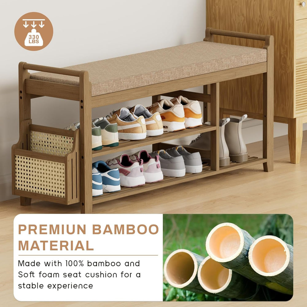 Homaxy 2-Tier Shoe Rack Bench with Side Holder, 39.4 in Bamboo Entryway Bench...