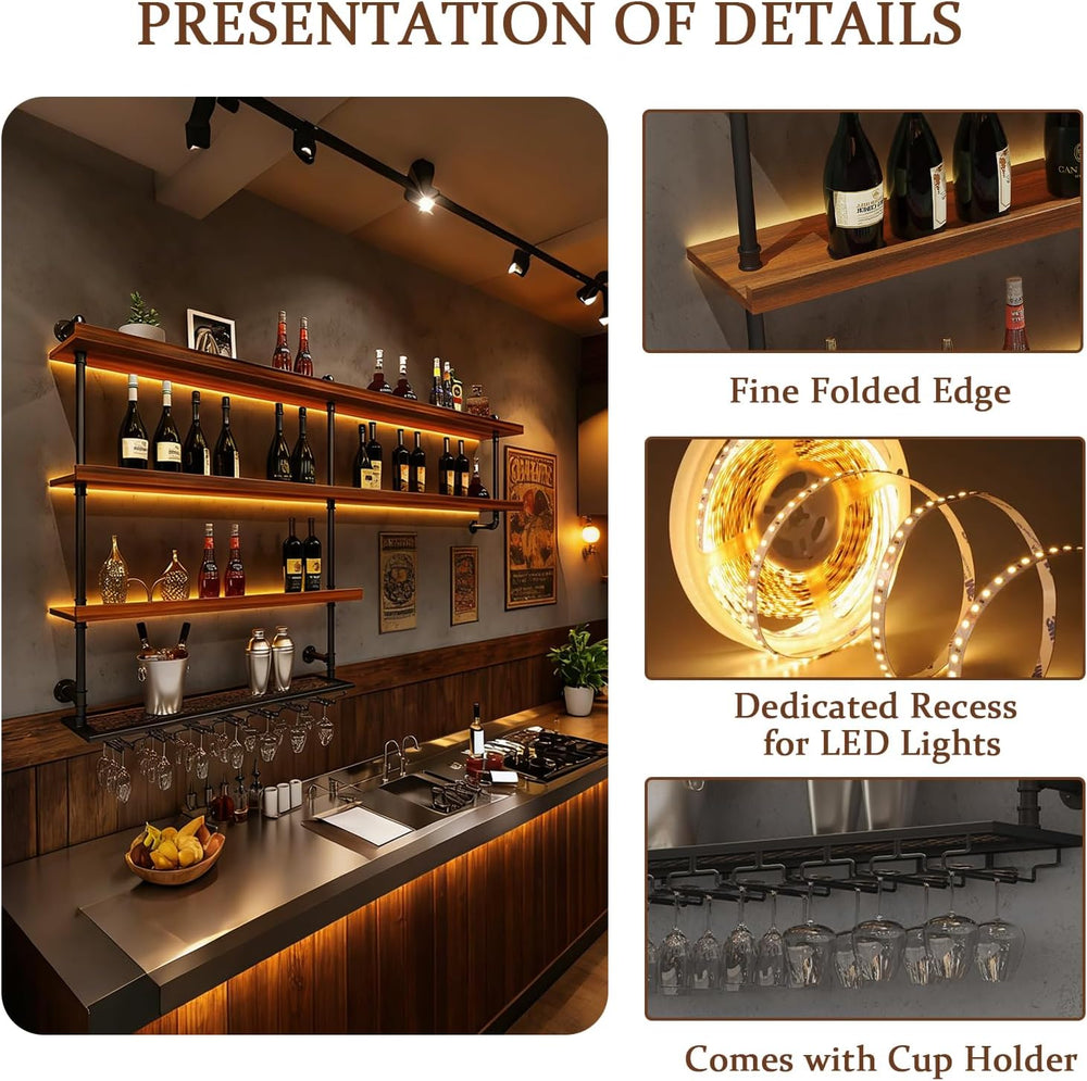 39.4in Solid Wood Wine Rack Wall Mounted, 4-Tier with LED Lights | Liquor Bot...