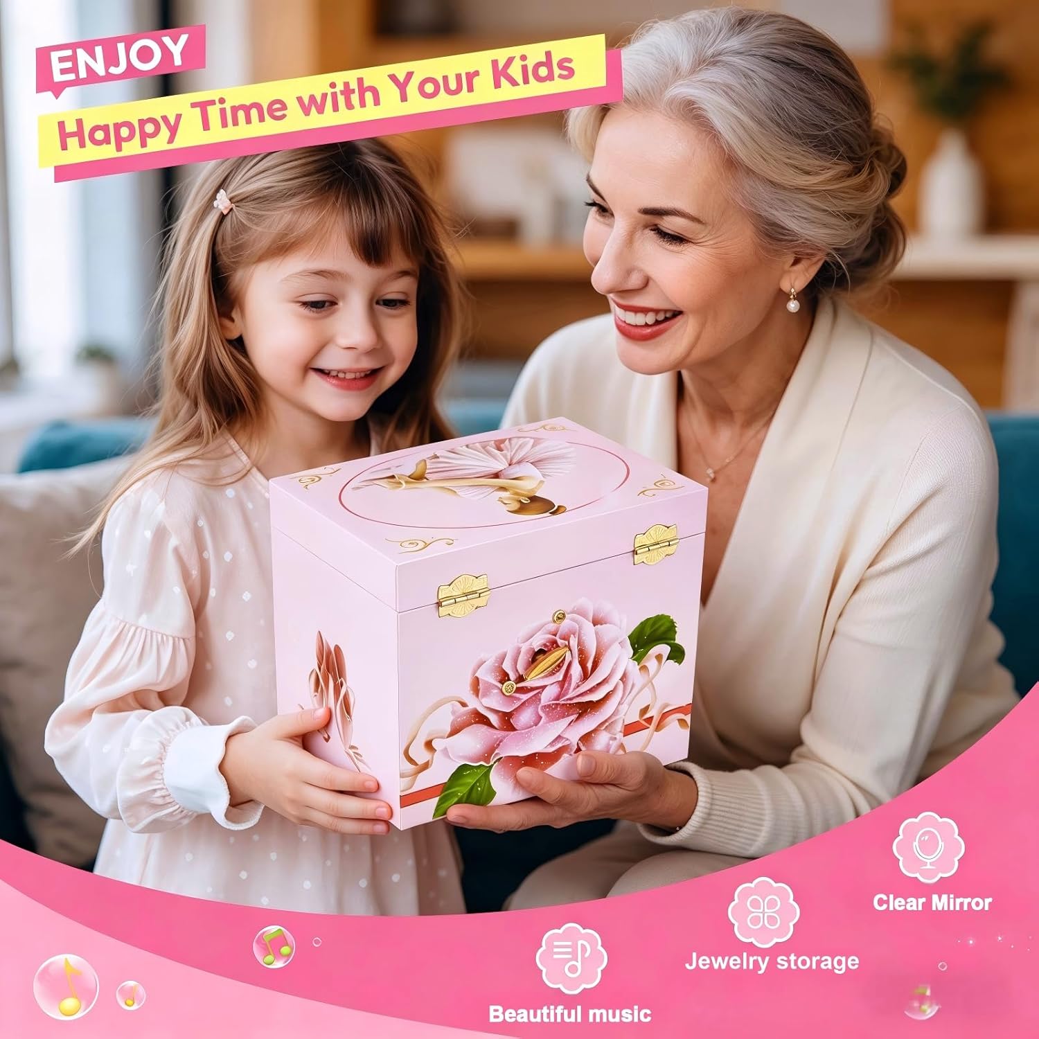 Girl's Gift Ballerina Musical Jewelry Box with 2 Drawers,Music Box with Spinning Ballerina,Kids Jewel Storage Box for Girls Ages 3-12 Kids Gift