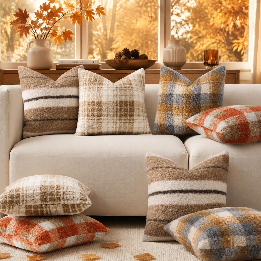 decorUhome Faux Fur Plaid Throw Pillow Covers 24X24 Set of 2 Dusty Blue