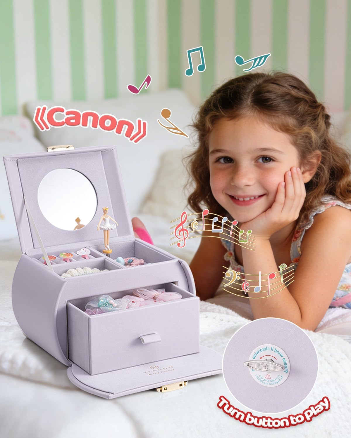 VLANDO 2 Layer Girls Musical Jewelry Box with Ballerina and Large Drawers | Rotating Dancer Plays Canon Melody, Top Dividers Store Rings and Small Treasures, Half-Moon Design, Birthday Christmas Gift