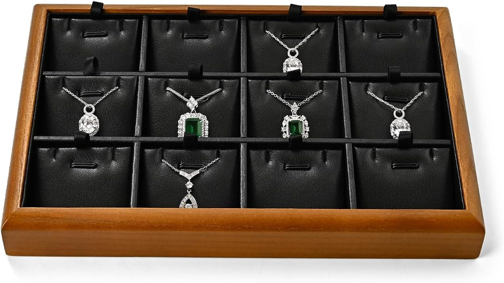 Oirlv Solid Wood 12 Grid Liner Pendant Jewelry Organizer Tray Jewelry Drawer Organizer(Black)